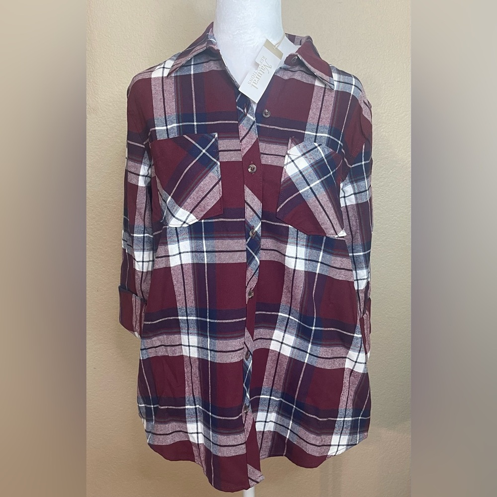 Bass Pro Shops Maroon, Navy and White Plaid Shirt - Picture 1 of 5